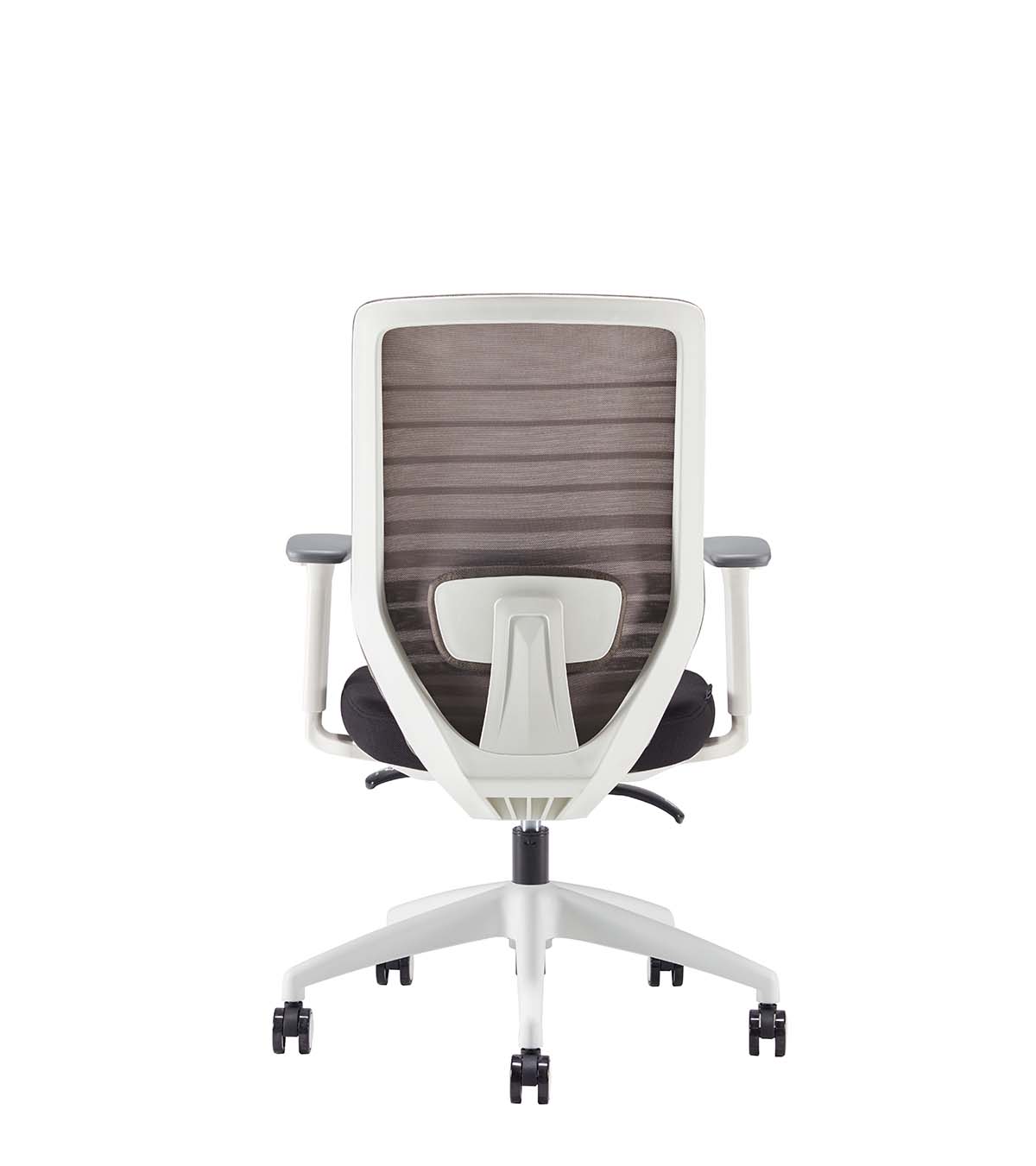 White frame task chair with mesh back and fabric seat