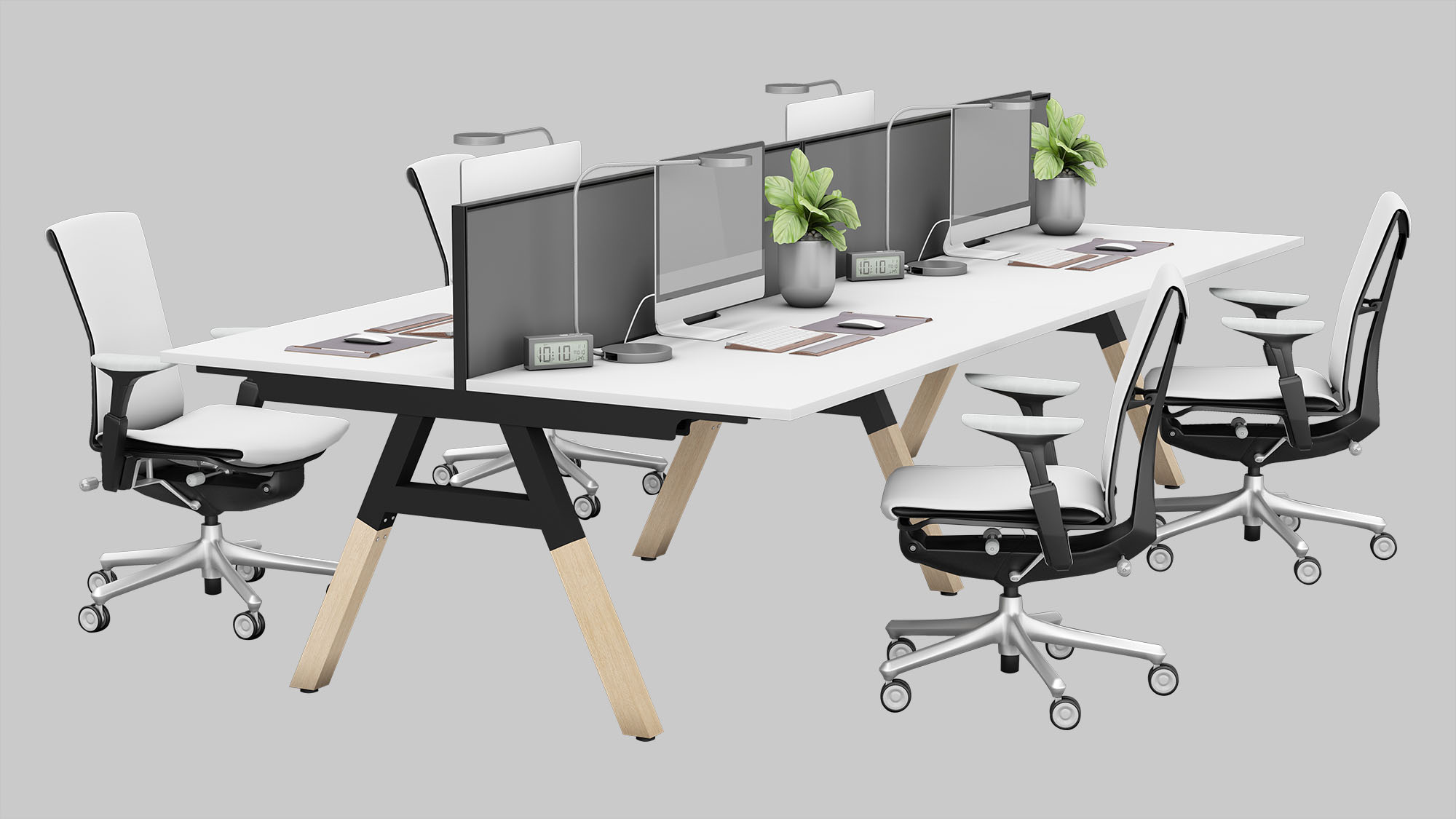 4 seats bench workstation with white top and black frame+timber legs