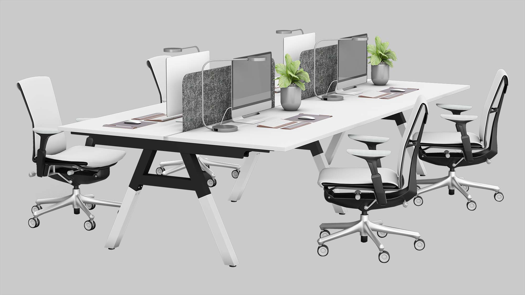 4 seat workstation with white top and black frame+white legs