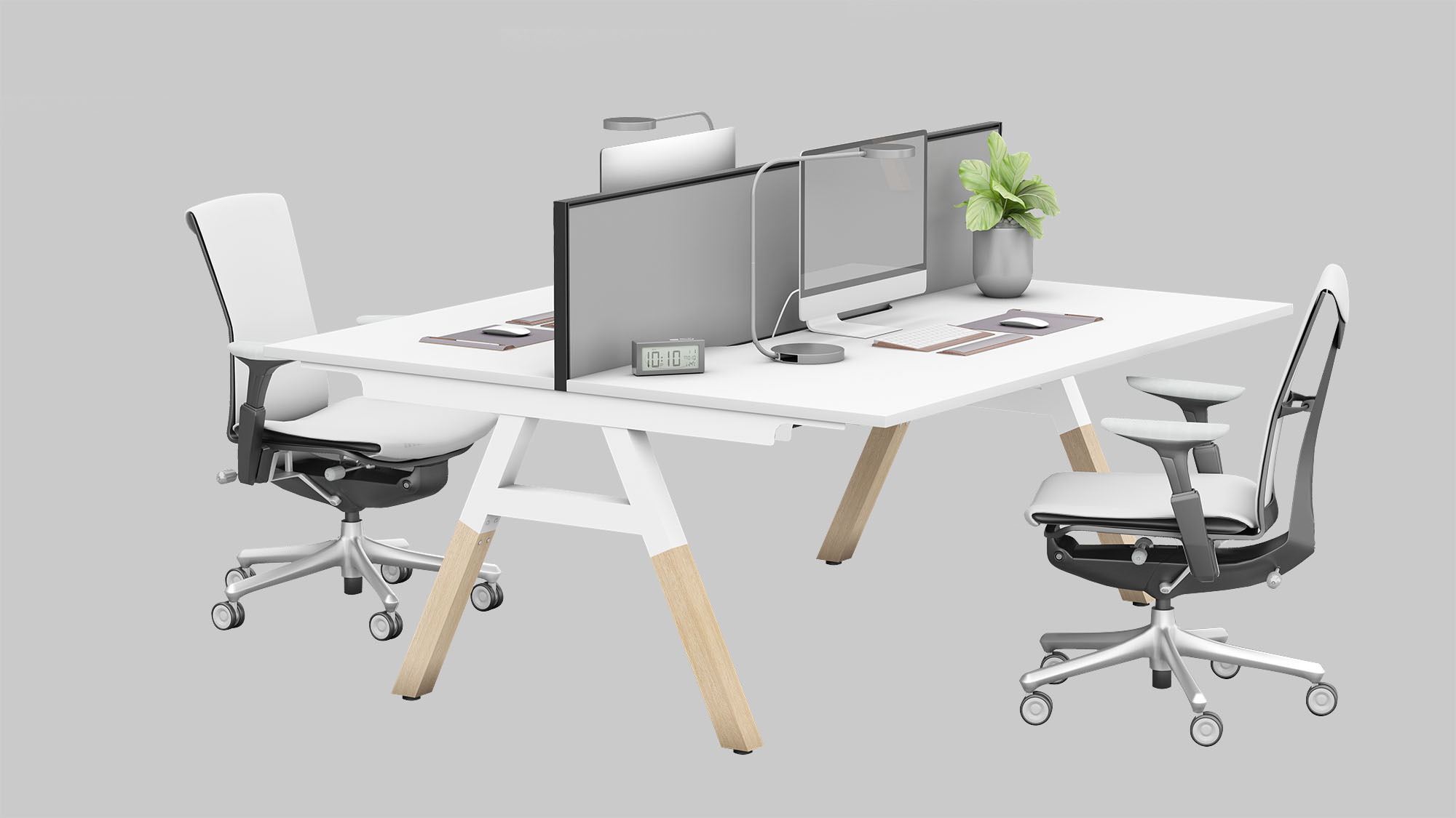Double side 2 seats workstation with white top and white frame+timber legs