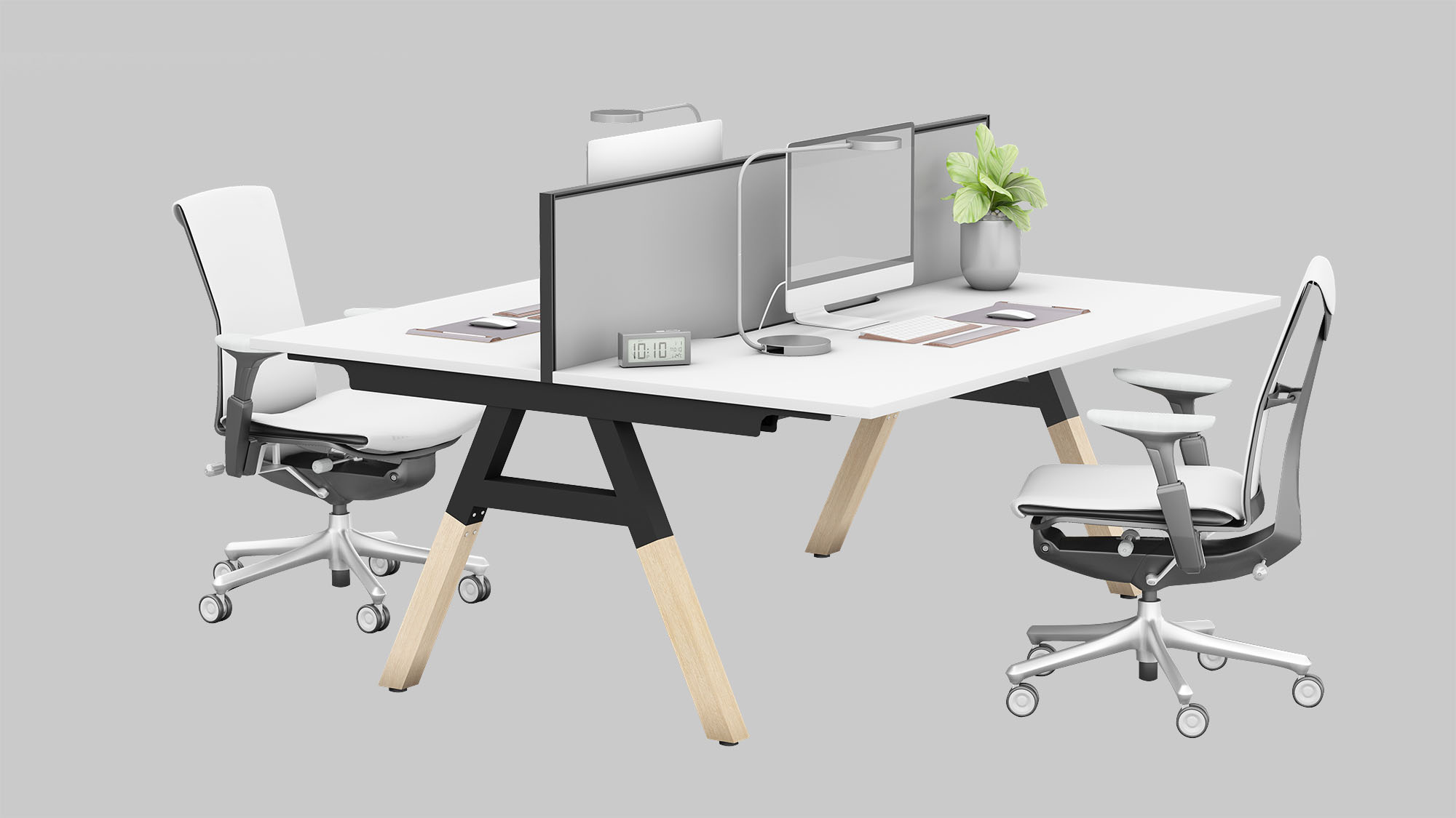 2 seat benches with white top and black frame+timber legs
