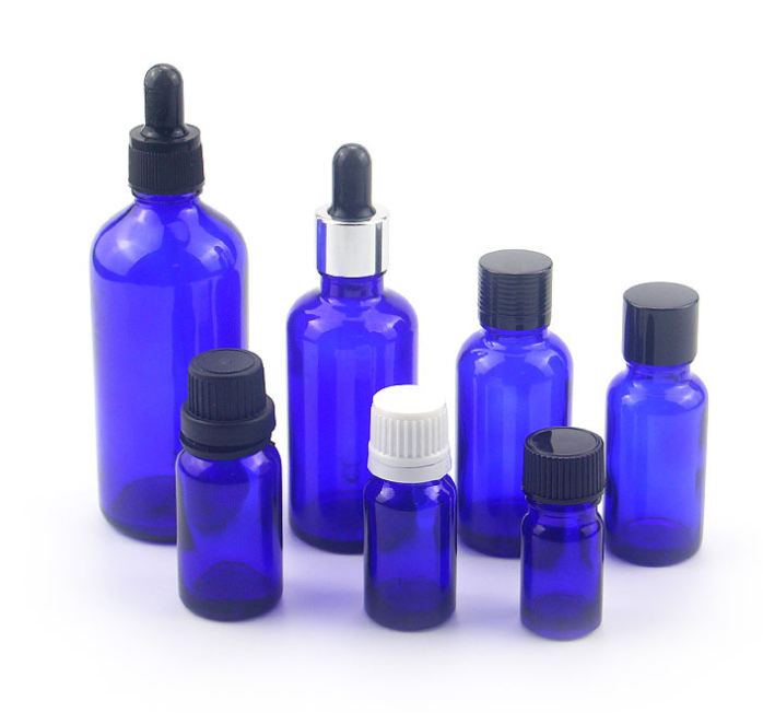 blue glass dropper bottles