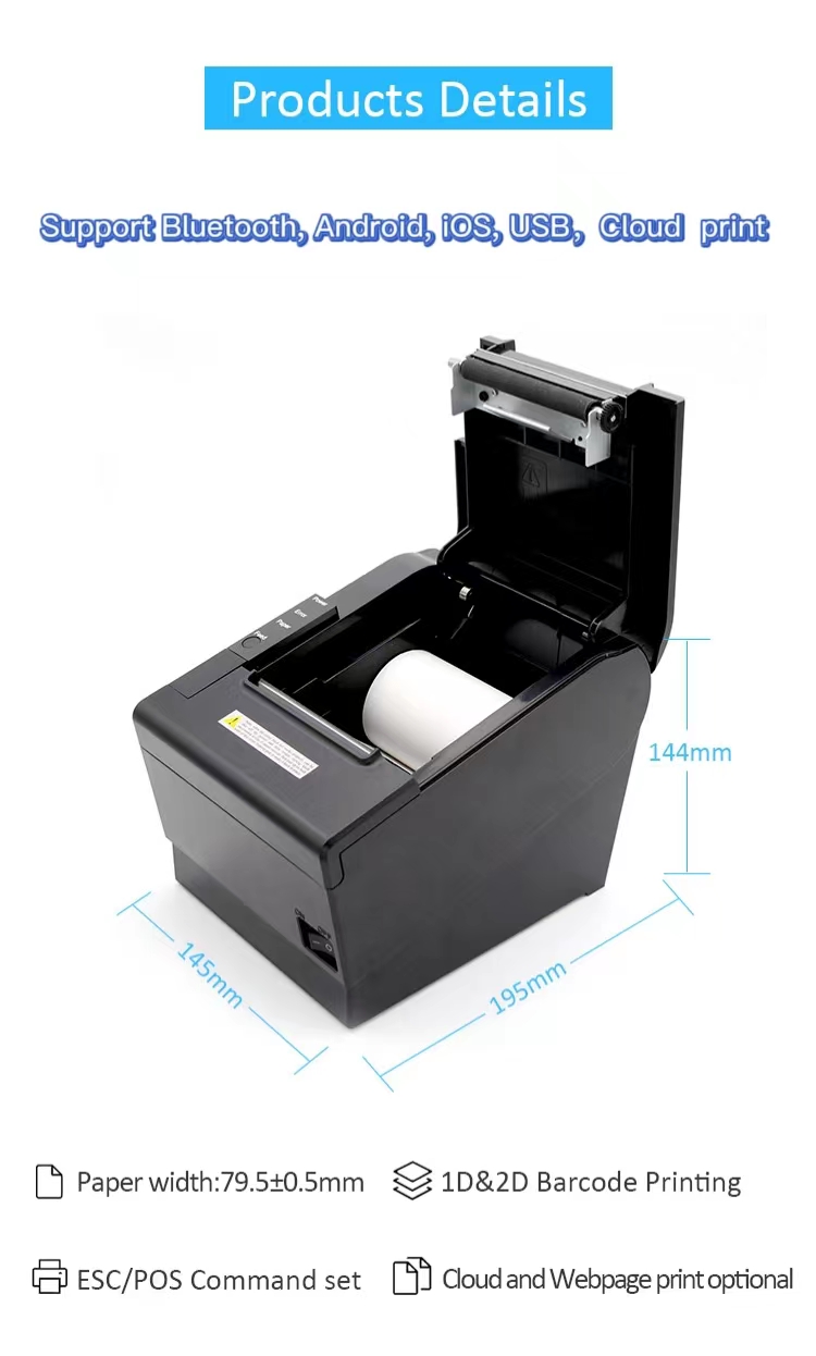 80mm Auto-cutter bluetooth thermal 3inch receipt printer Pos wifi printer