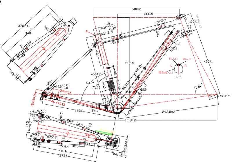 Gravel Cycloscross carbon bike frames drawing