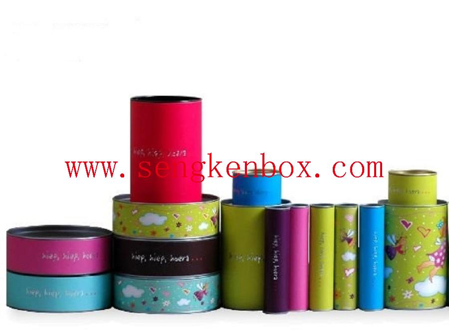 Colorful Paper Cardboard Tube Packaging with Flat Buckled Metal Lid Colorful Paper Cardboard Tube Packaging with Flat Buckled Metal Lid