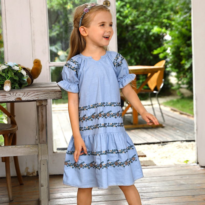 blue girl dress with embroidery