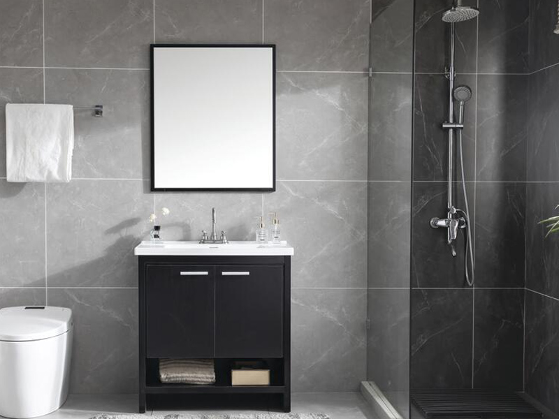 Black Bathroom Vanity with Open Bottom Shelf