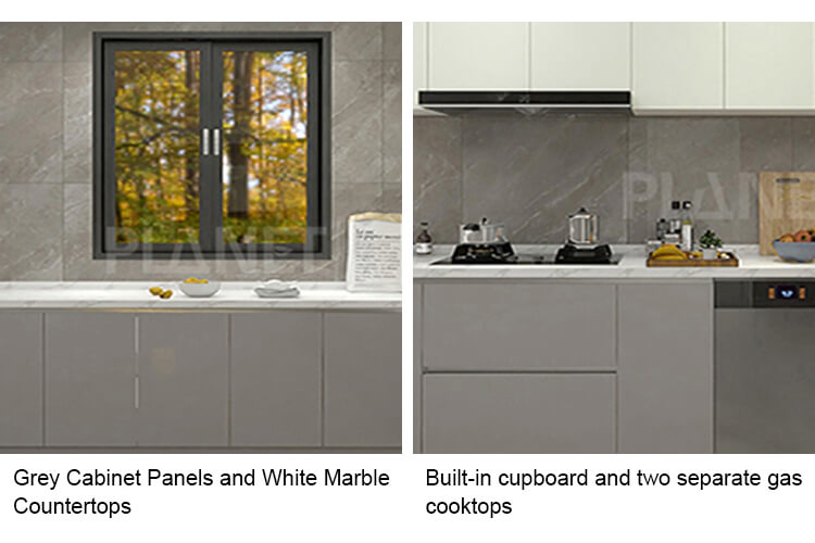 Grey Cabinet Panels and White Marble  Countertops Built-in cupboard and two separate gas cooktops