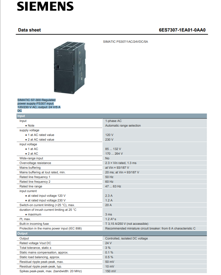 SIEMENS 6ES7307-1EA01-0AA0