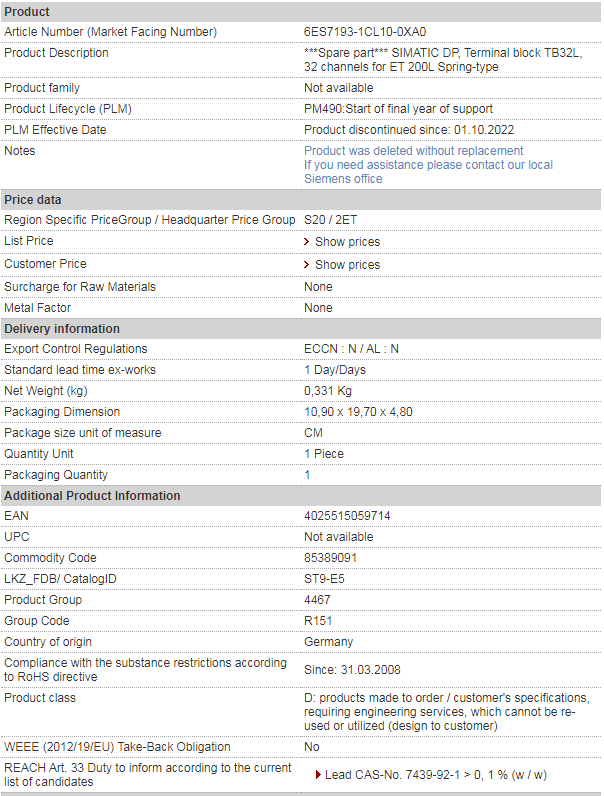 SIEMENS 6ES7193-1CL10-0XA0