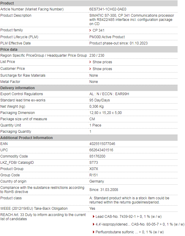 SIEMENS 6ES7341-1CH02-0AE0