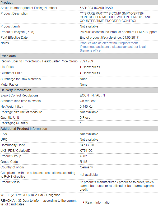 SIEMENS 6AR1304-0CA00-0AA0