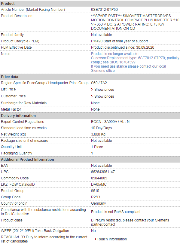 SIEMENS 6SE7012-0TP50