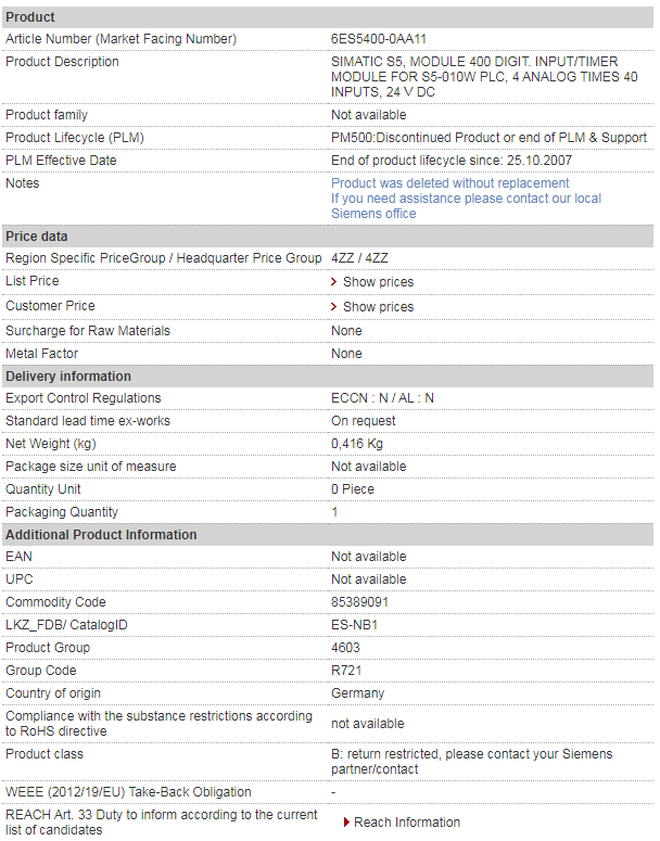 SIEMENS 6ES5400-0AA11