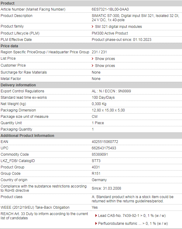 SIEMENS 6ES7321-1BL00-0AA0