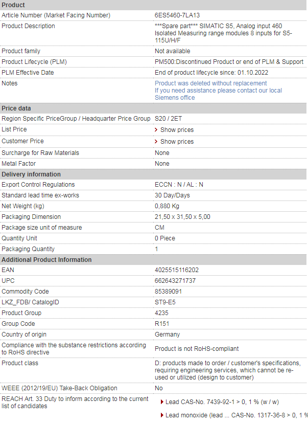 SIEMENS 6ES5460-7LA13