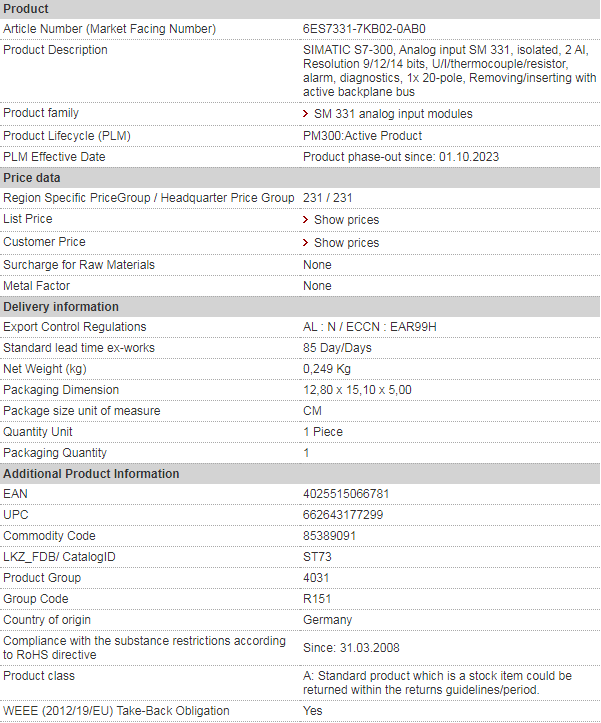 SIEMENS 6ES7331-7KB02-OABO