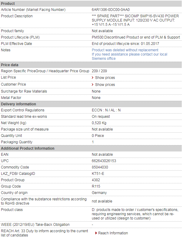 SIEMENS 6AR1306-0DC00-0AA0