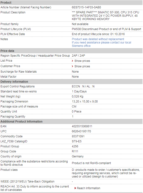 SIEMENS 6ES7315-1AF03-0AB0