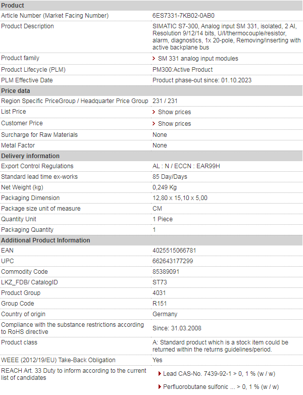 SIEMENS 6ES7331-7KB02-0AB0
