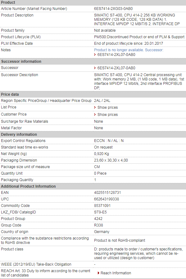 SIEMENS 6ES7414-2XG03-0AB0