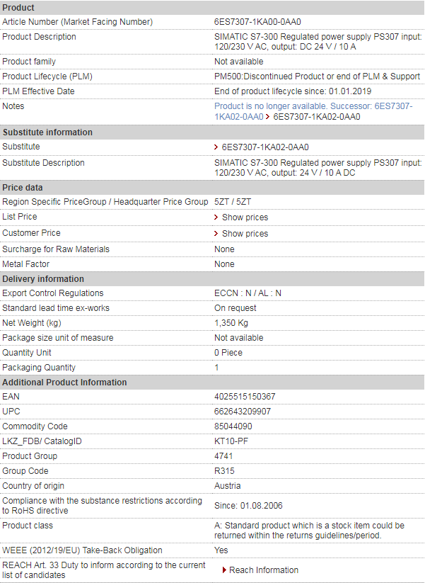 SIEMENS 6ES7307-1KA00-0AA0