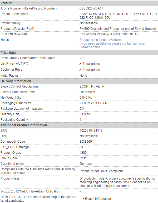 SIEMENS 6ES5922-3UA11
