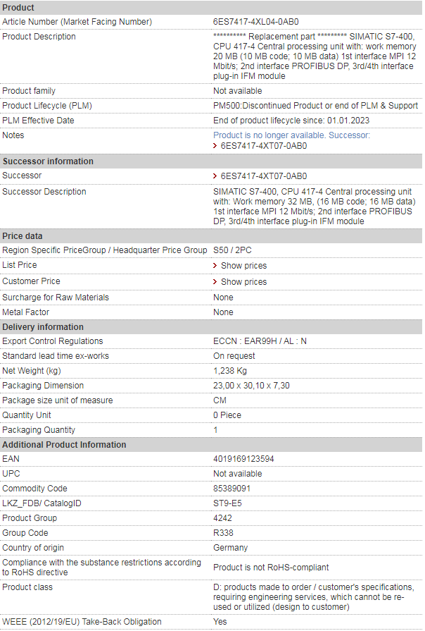 siemens 6ES7417-4XL04-0AB0