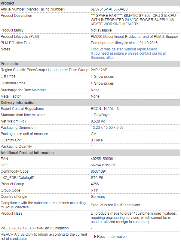siemens 6ES7315-1AF03-OABO
