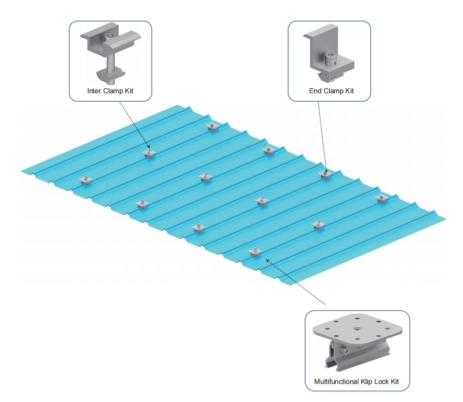 Color Steel Non-rail Metal Tile Solar Bracket Roof Mounting System Exploded View
