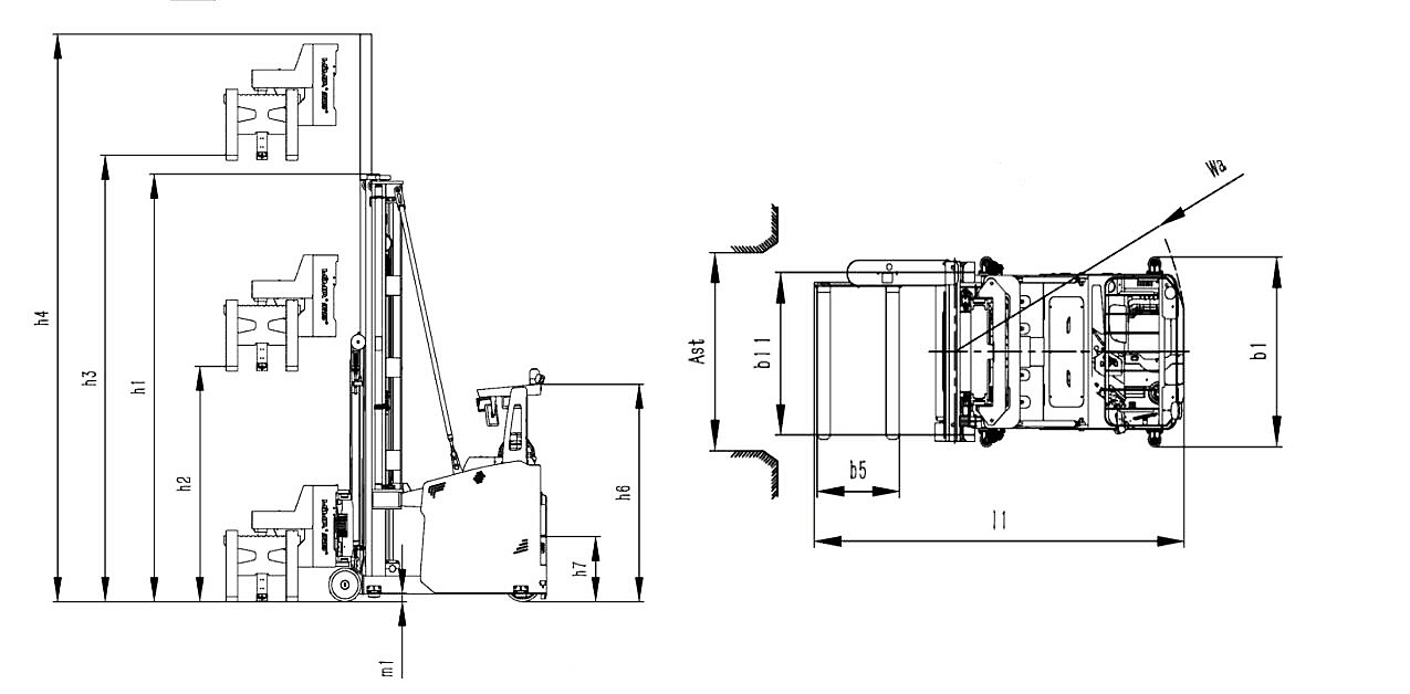 Size of Seated Type 3 Way Pallet Stacker VNA Forklift Size of Seated Type 3 Way Pallet Stacker VNA Forklift
