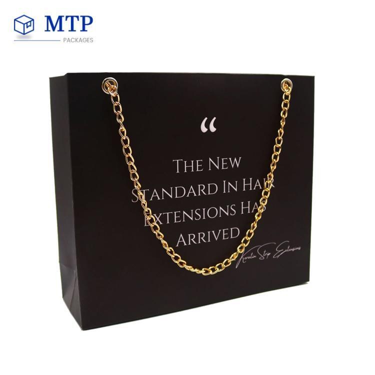 Custom Gold Chain Handle Black Gift Paper Bags Custom Gold Chain Handle Black Gift Paper Bags