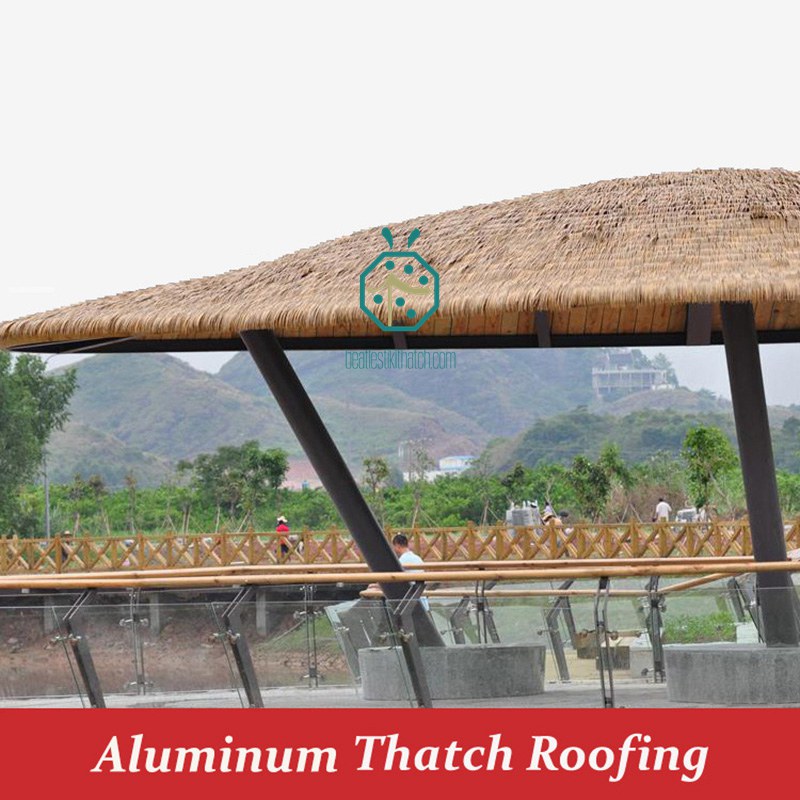 Various applications for aluminum thatch roof panels, such as park gazebo, zoo pavilion, shopping mall pergola, restaurant wooden shelter