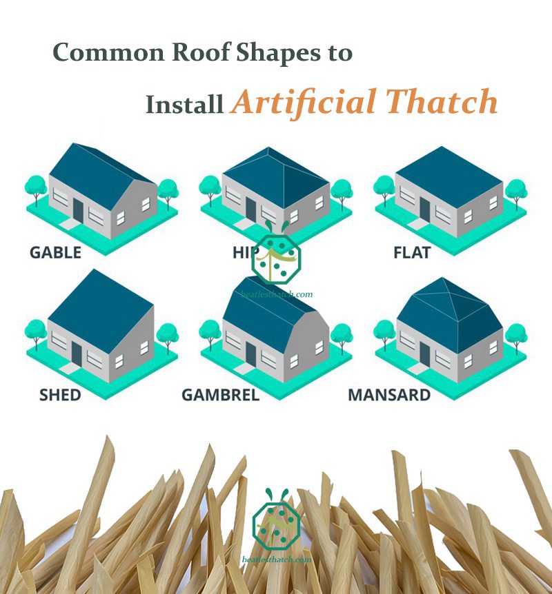 Faux nipa thatch roof tiles used for Gable thatch roof, Shed, Hip, Flat thatched house, Gambrel, Mansard