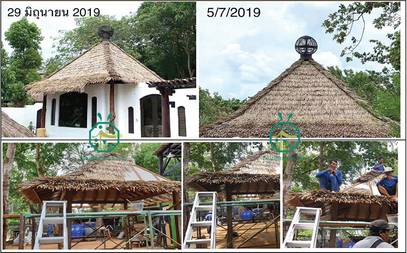 Installation of artificial thatch roof for waterfront resort, hotel beach villa, ocean view cottage, municipal park patio, backyard gazebo, tiki hut shelter