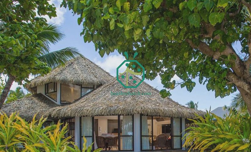 Hideaway resort hotel beach villa guest room thatch roof replacement with plastic palm thatch roof tiles