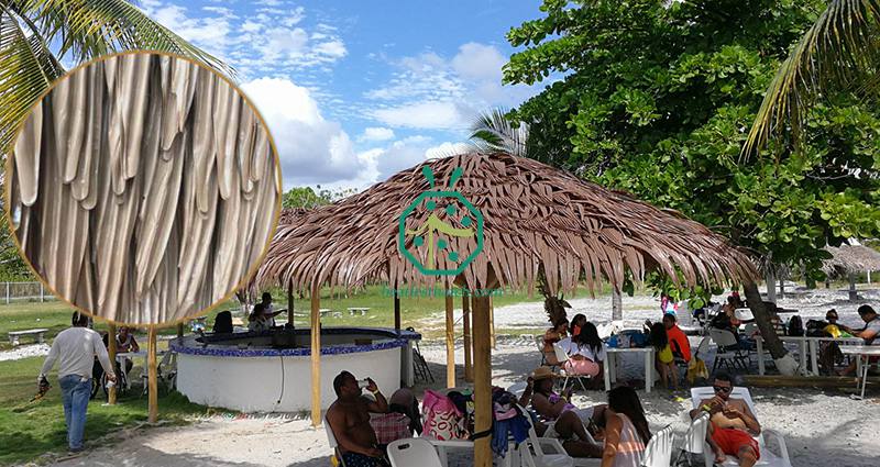 Amusement park sunshade thatch roof replacement with plastic palm thatch roof tiles