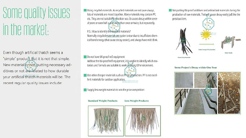 Some quality issues in the market for plastic kajan thatch roof materials for hideaway resort hotel construction