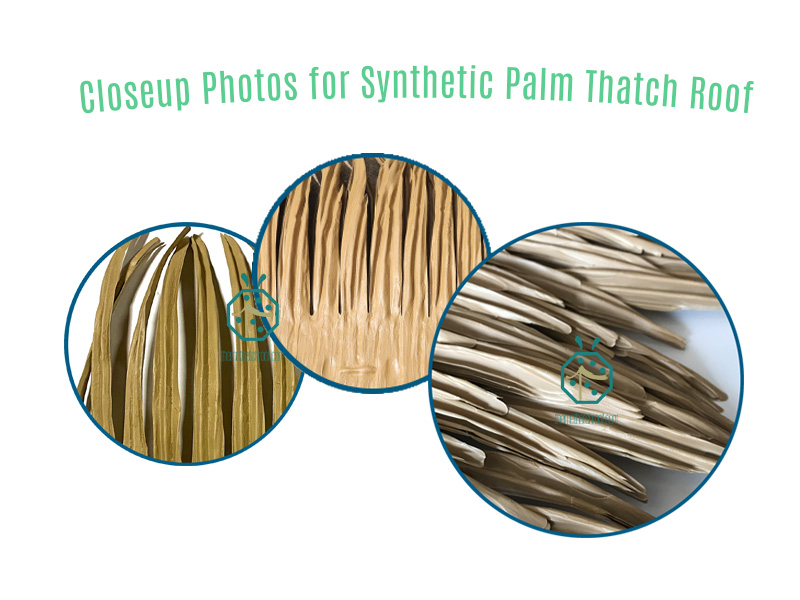 Closeup photos of artificial palm tree thatch products