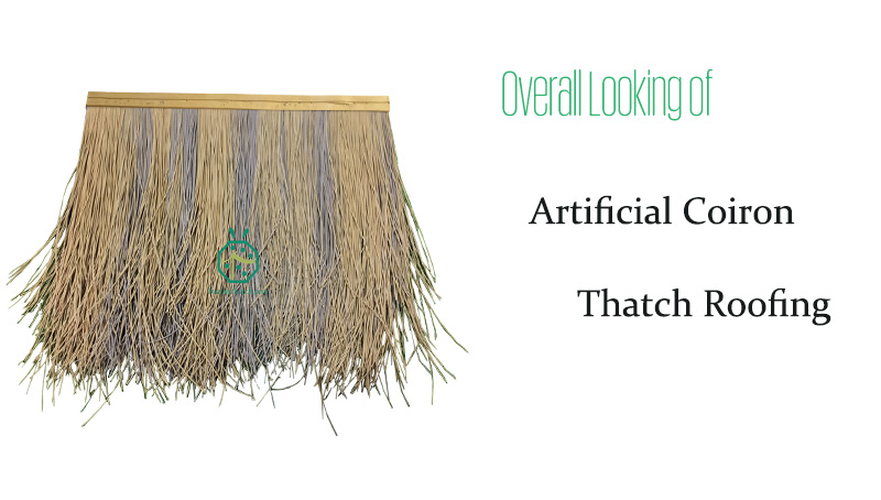 Synthetic coiron thatch roof panel for riverside wooden barn construction