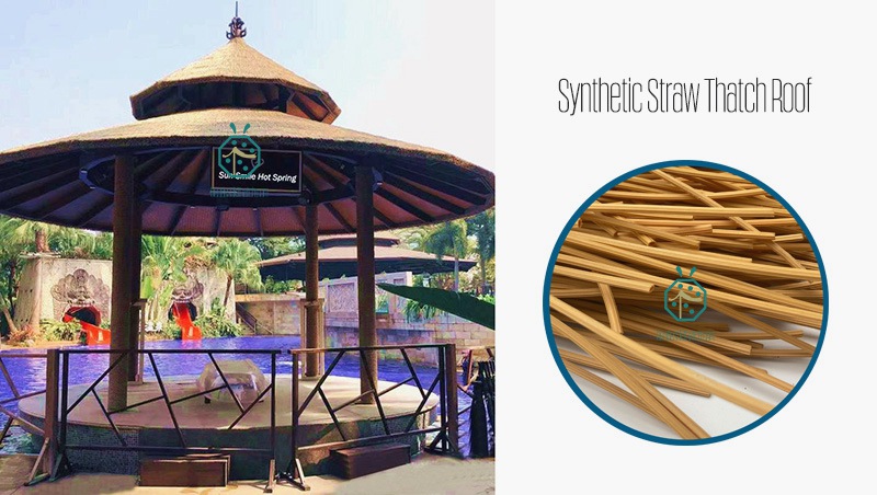 Synthetic straw thatch roof for waterfront landscape design for beach hotel villas