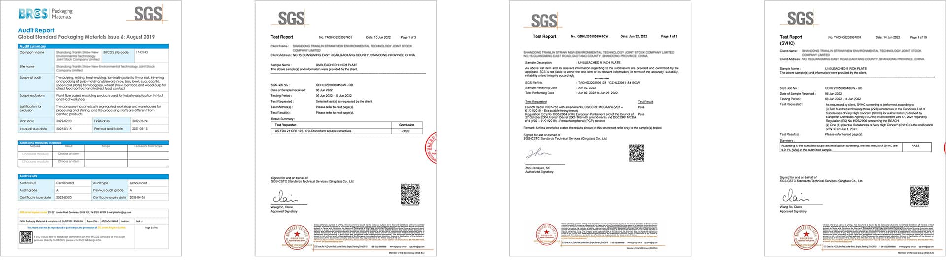 Sugarcane Pulp Tableware Certificates Sugarcane Pulp Tableware Certificates