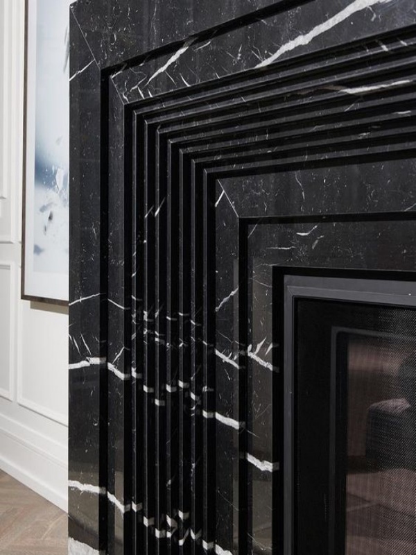 nero marquina marble fireplace